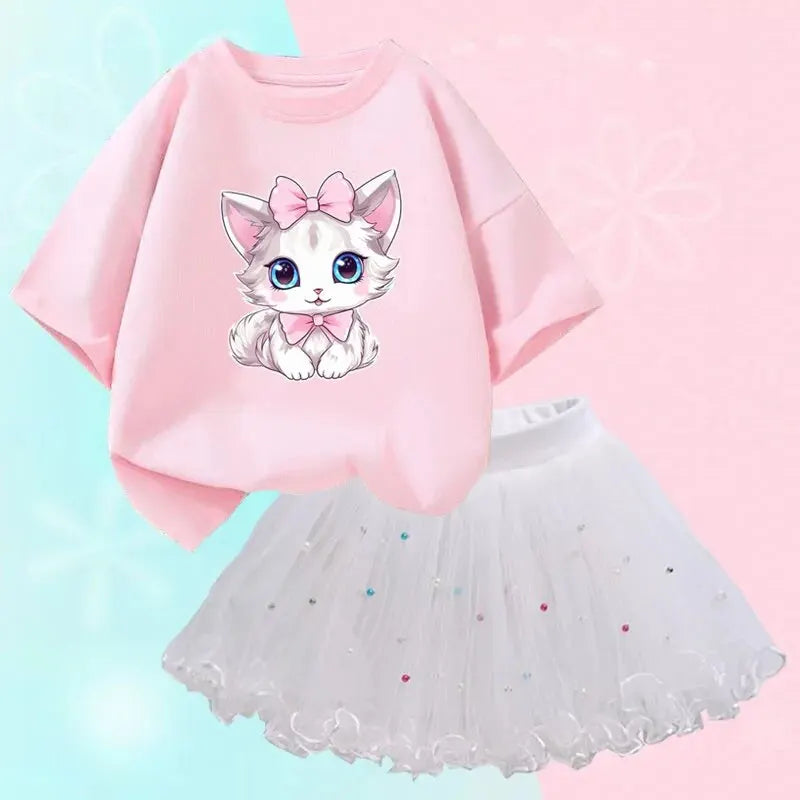 Cute Summer Girls Outfits Cartoon Cat T-shirt and Tutu Skirt 2pc/Set Girl Princess Clothes