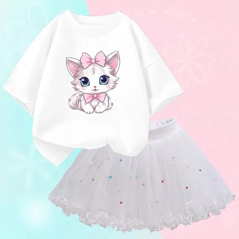 Cute Summer Girls Outfits Cartoon Cat T-shirt and Tutu Skirt 2pc/Set Girl Princess Clothes