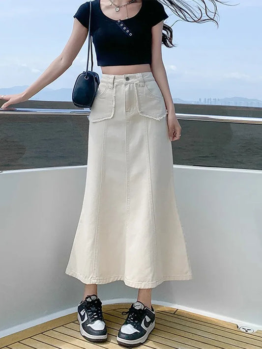 Denim Skirts Womens Summer Casual High Waisted Midi Skirt Ladies