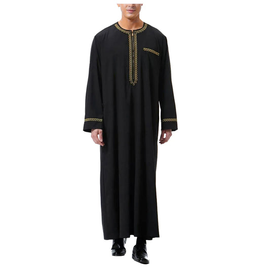 Long Sleeve Embroidered Pocket Long Abaya Shirt Prayer Muslim Men Clothing