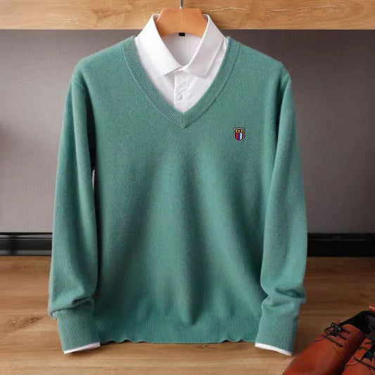 Men Soft Warm Jersey Jumper Pullover V-Neck Knitted Woollen Sweater