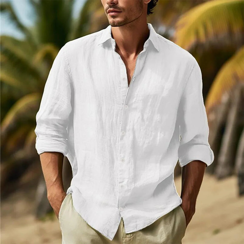 Men's Cotton Linen Shirts Turn Down Collar Solid Hawaiian Shirt