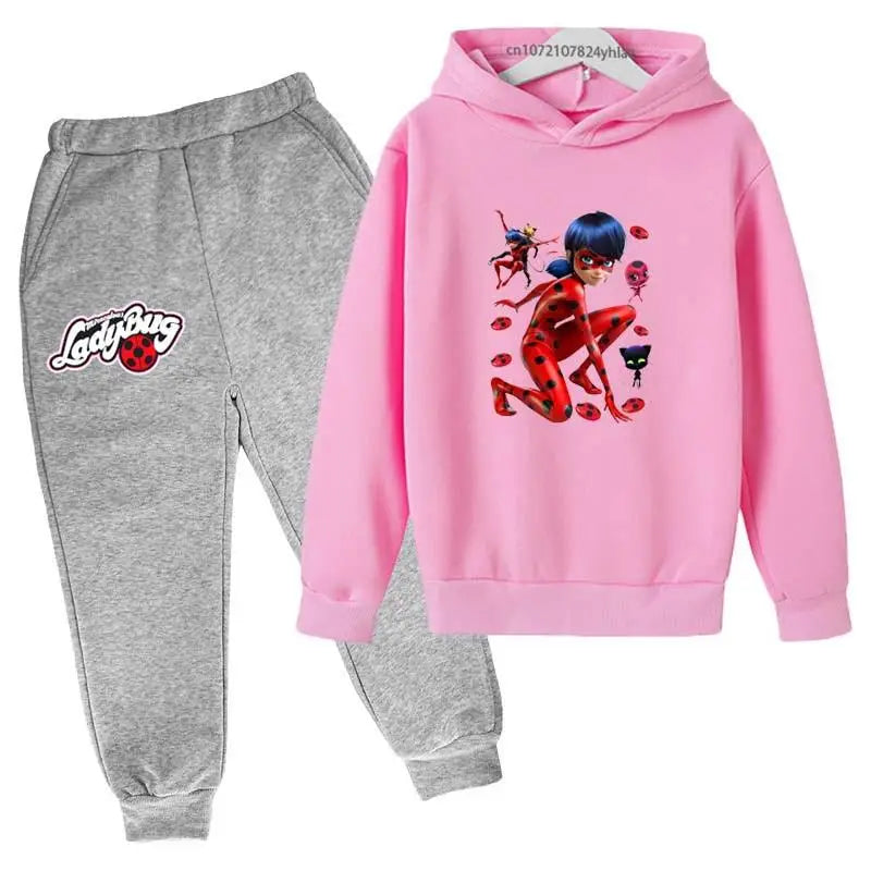 Girls Cartoon LadyBugs Print Spring Autumn 2pcs Long Sleeved Hoodie+Pants