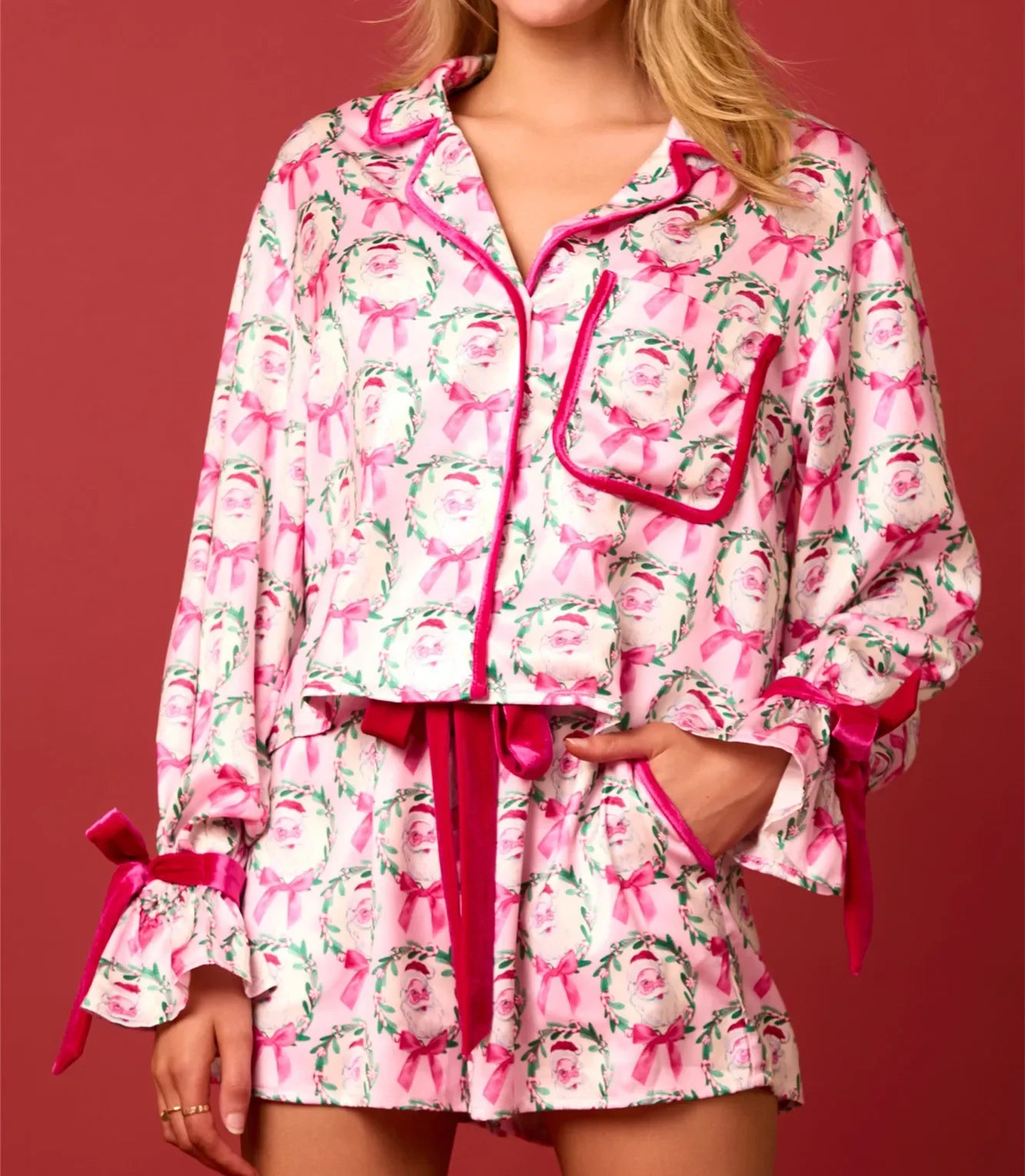 Christmas Pajamas for Women Bow Tie Long Sleeve Shirt