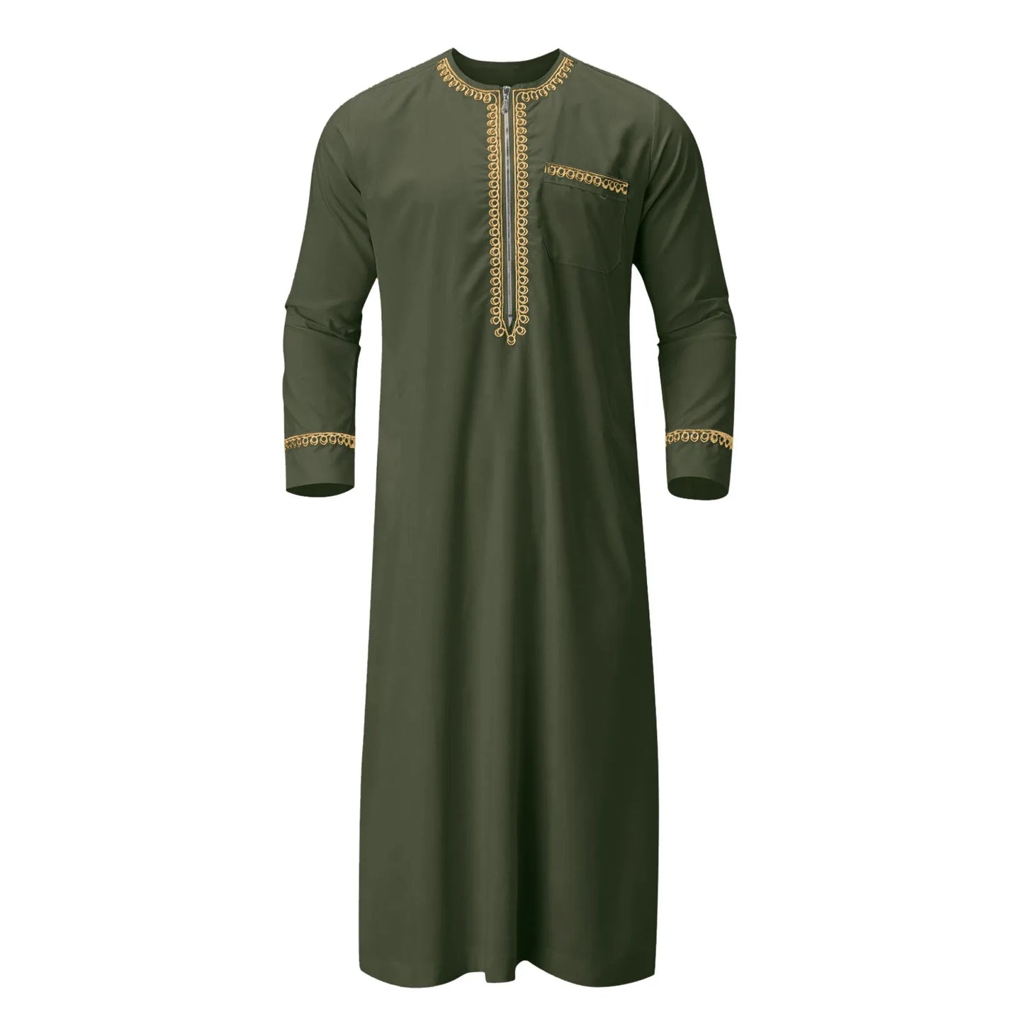 Long Sleeve Embroidered Pocket Long Abaya Shirt Prayer Muslim Men Clothing