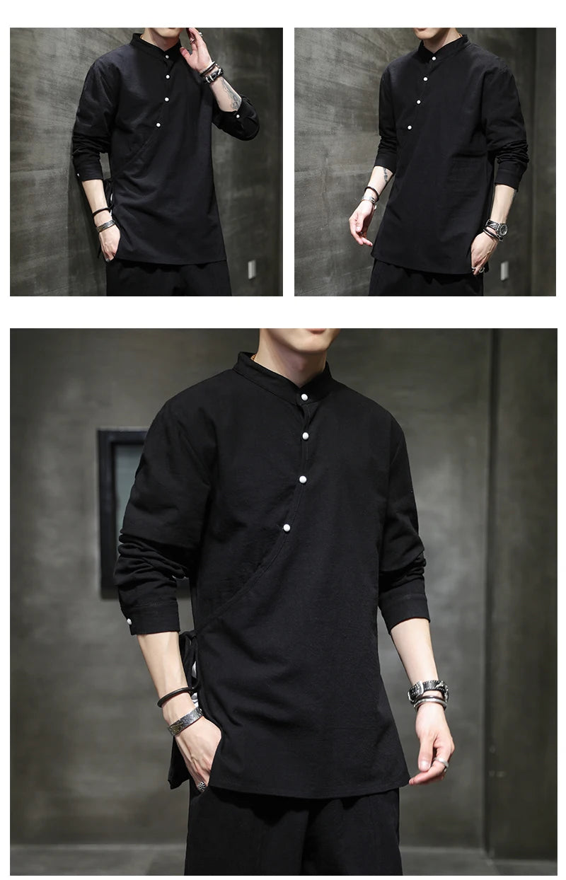 Mens Chinese Style Hemp Shirt Cotton Linen Retro Stand-Up Collar Zen Clothes