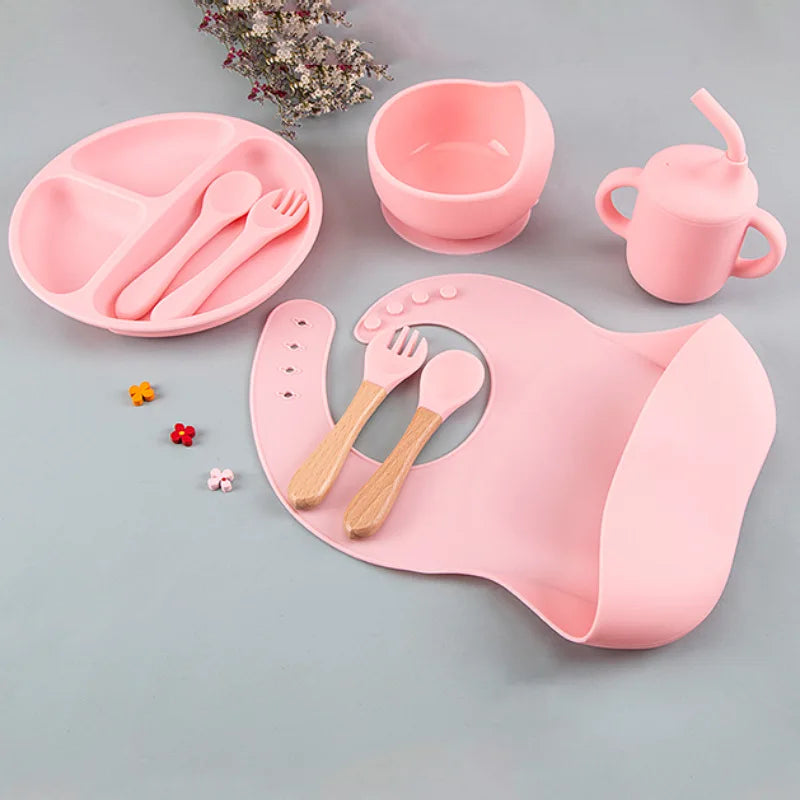 8PCS/Set BPA Free Silicone Baby Feeding Set Sucker Bowl Dishes Plate Straw Cup Spoon Forks Baby Bib