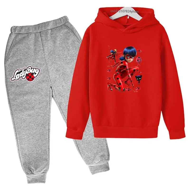 Girls Cartoon LadyBugs Print Spring Autumn 2pcs Long Sleeved Hoodie+Pants