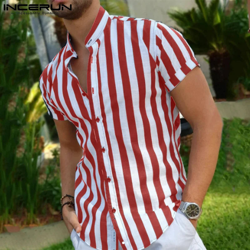 Striped Shirt Stand Collar Short Sleeve Casual Men Clothing