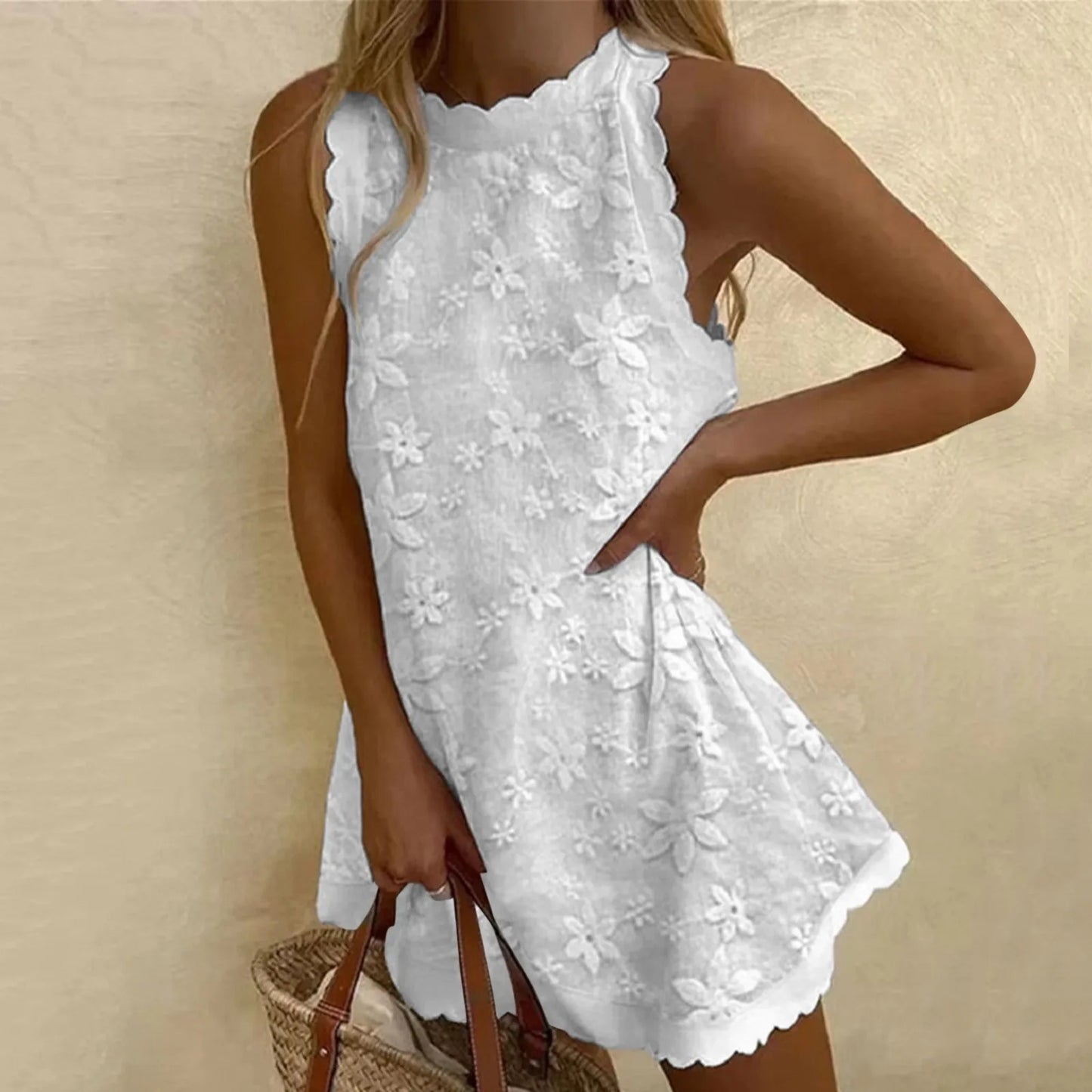 Elegant Floral Embroidery Mini Dress Women's Sleeveless Cotton Linen Tank Dress