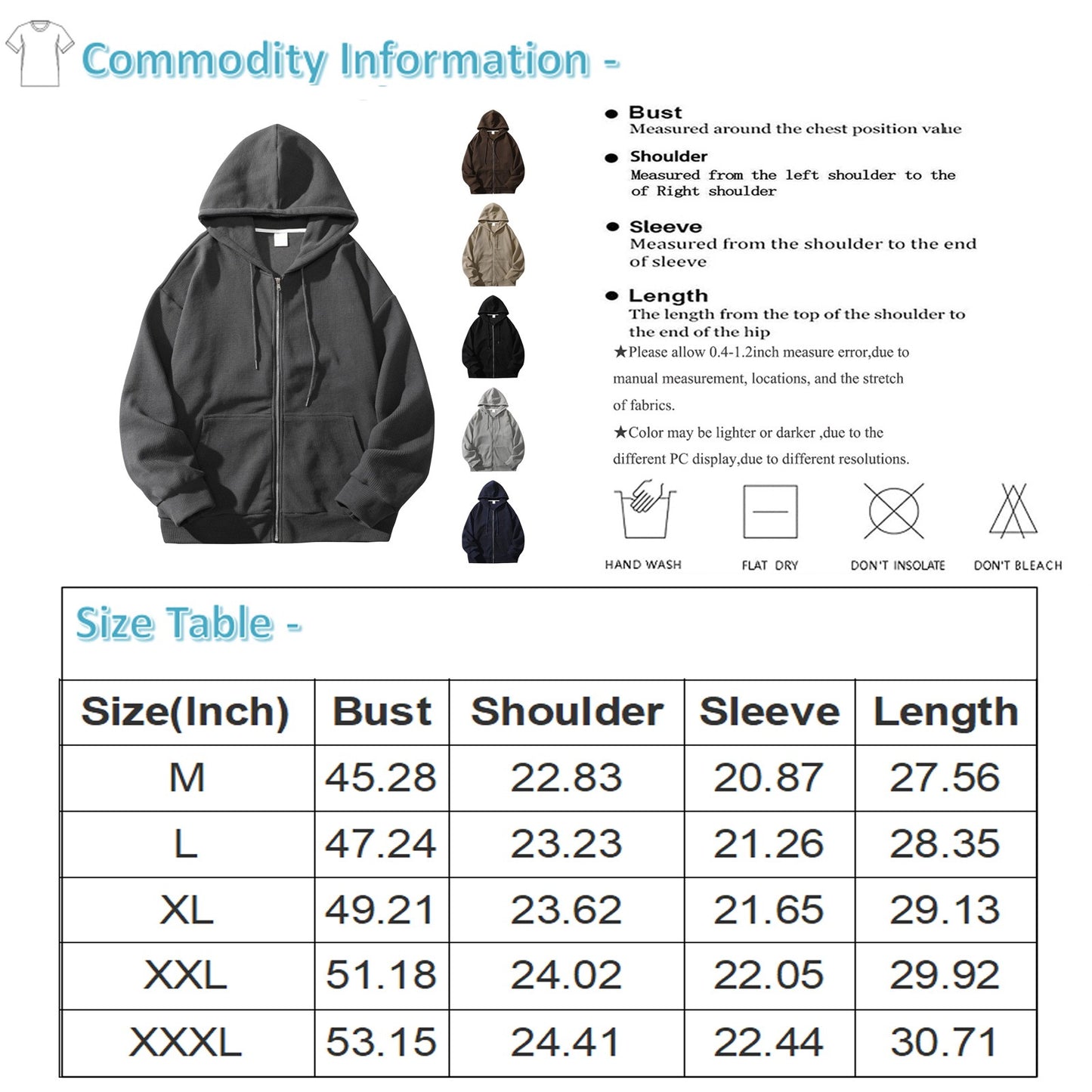 Hoodie Men Retro Zip Up Long Sleeve Loose Jacket Coats