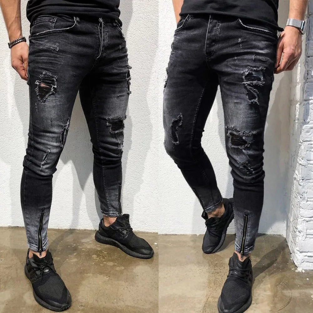 Tight Denim Jeans Mens Stretch Denim Pants Ripped Slim Fit Jeans Trousers