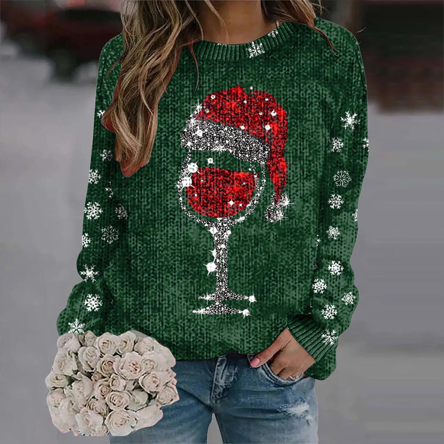 Christmas Print Red Wine Cup Sweaters Women'S Fashion