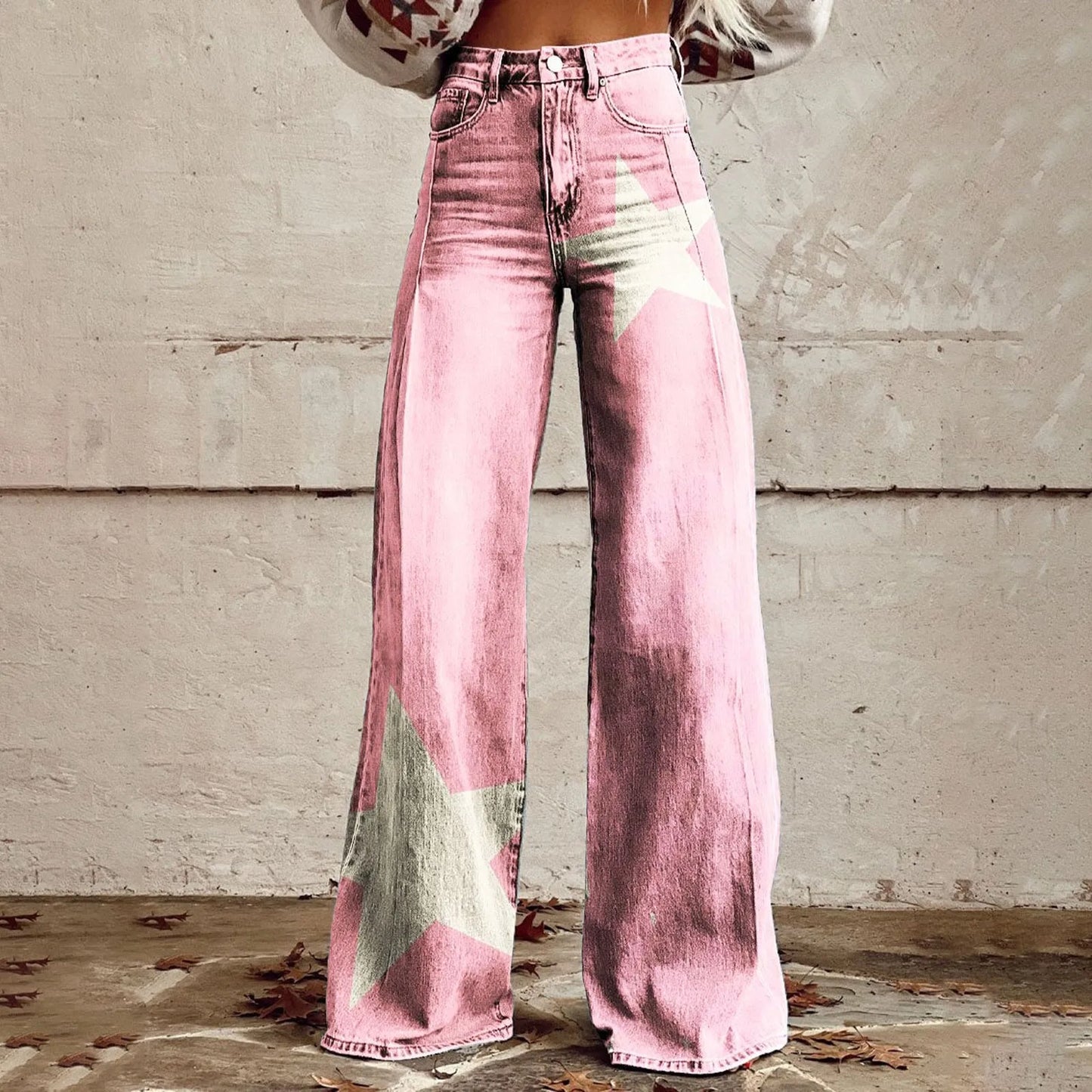 High Waisted Casual Vintage Wide Leg Imitation Jeans Women Fashion Floral Printed Denim Pants