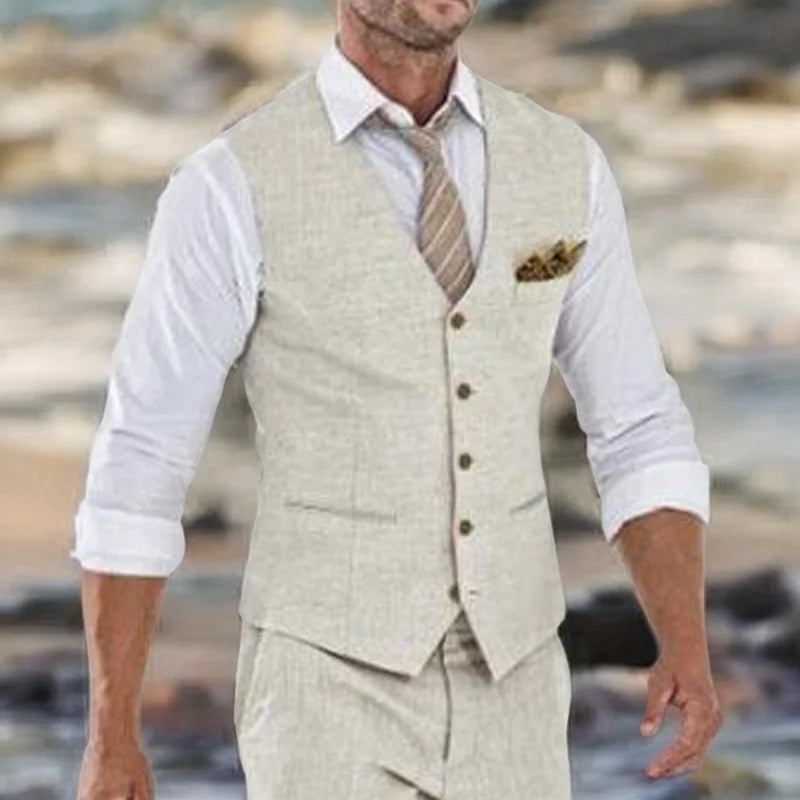 Beige Linen Suit Vest for Men Wedding