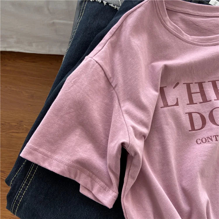 Pink Short Sleeve T-shirt Women's Loose Casual Round Neck Letter Print Thin Top