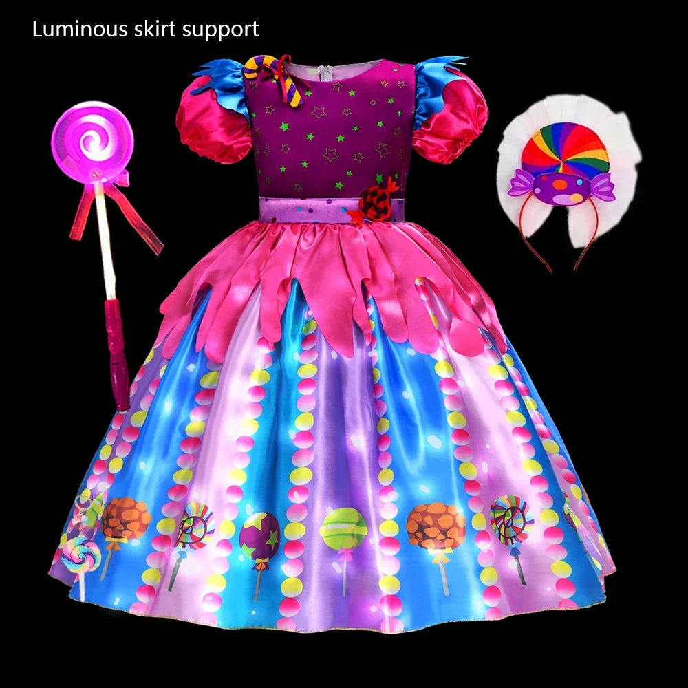 Girls Costume Purim Carnival Sweet Candy Dress LED Light Up Lollipop Luminous Princess Festival Party Clothing