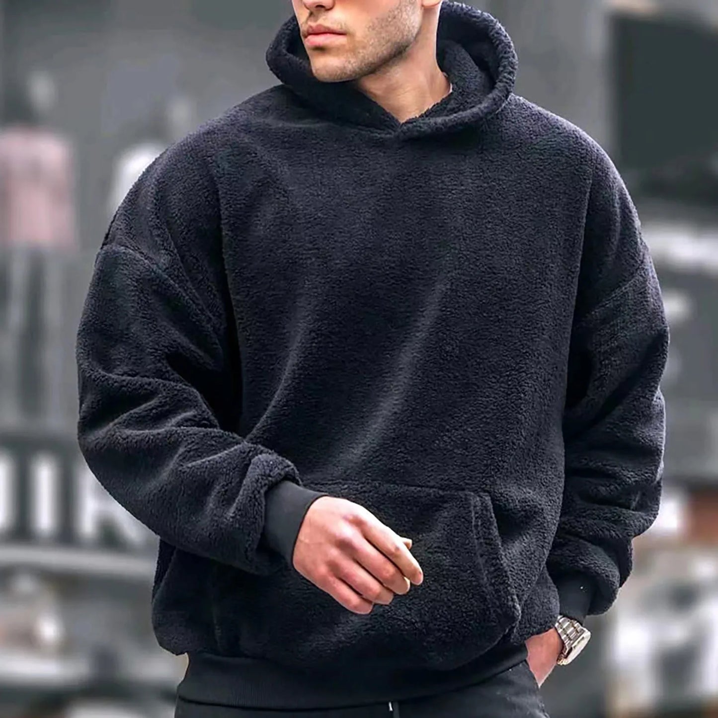 Soft Hoodie Plush Pullovers Men Winter Solid Long Sleeve Pockets