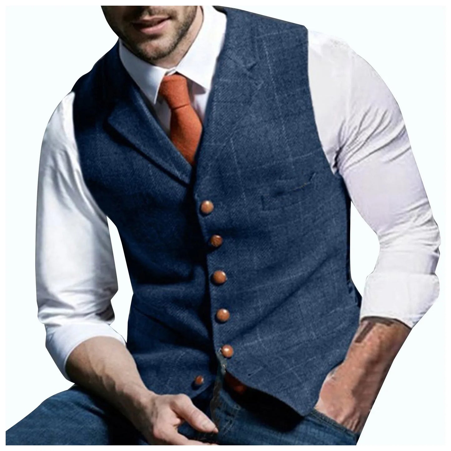 Men's Suit Vest V Neck Herringbone Tweed Slim Fit Waistcoat