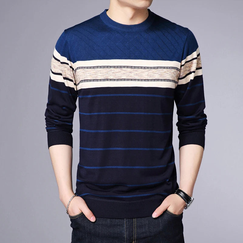 Men's Casual Striped Knit Spring and Autumn Long Sleeved Pullover Fashion