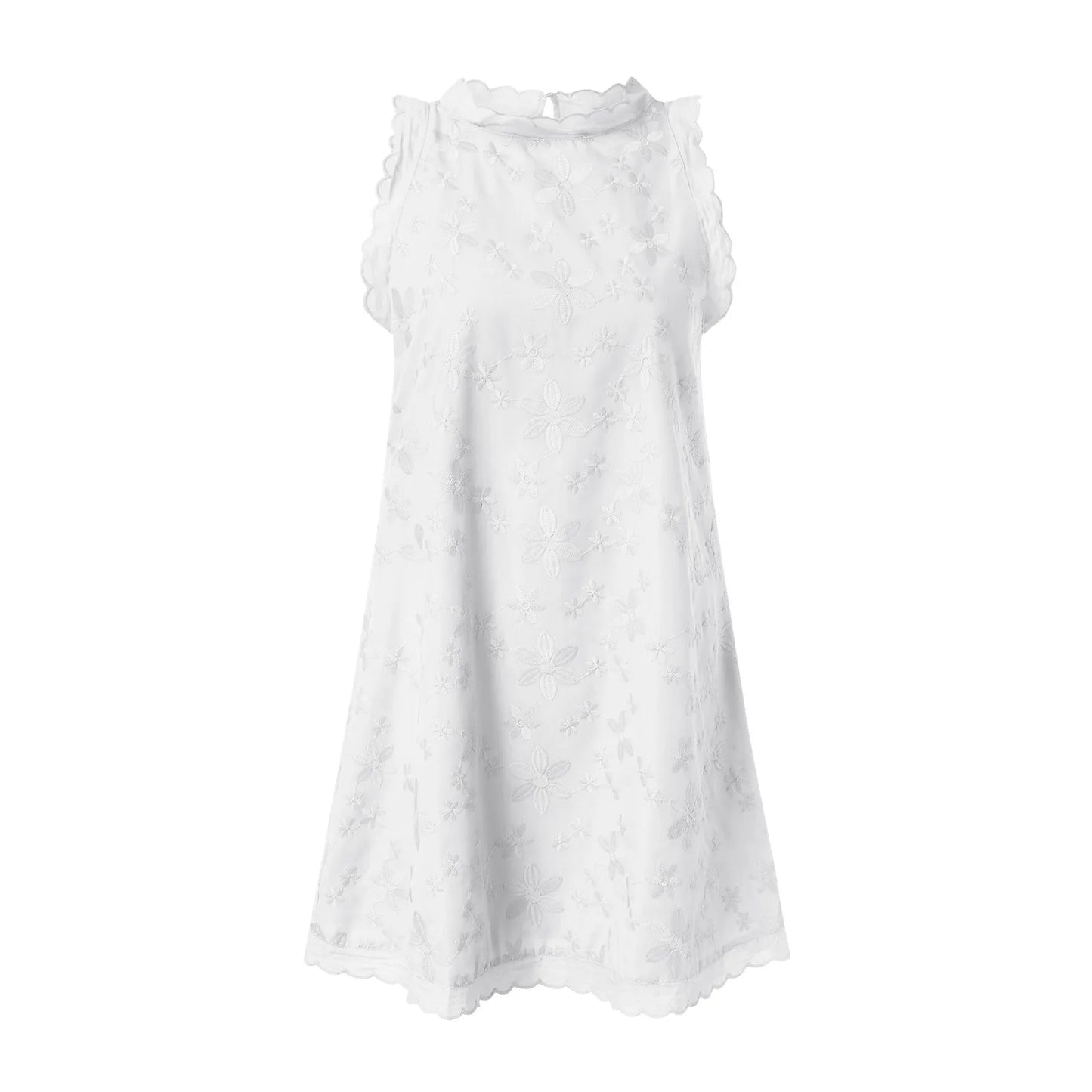 Elegant Floral Embroidery Mini Dress Women's Sleeveless Cotton Linen Tank Dress