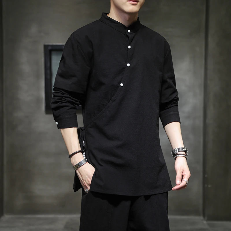 Mens Chinese Style Hemp Shirt Cotton Linen Retro Stand-Up Collar Zen Clothes