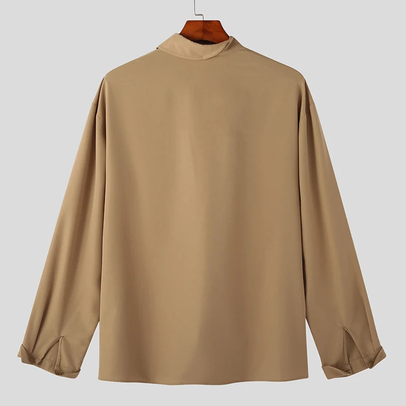 Men's Shirt Solid Color Stand Collar Loose Long Sleeve Casual Men Clothing