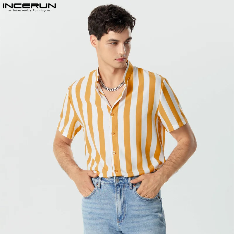 Striped Shirt Stand Collar Short Sleeve Casual Men Clothing