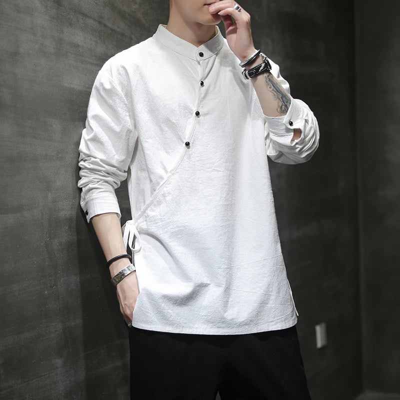 Mens Chinese Style Hemp Shirt Cotton Linen Retro Stand-Up Collar Zen Clothes