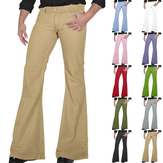 Men'S Disco Flared Pants Slim Fit Stretch Vintage Trousers Comfortable Solid Color