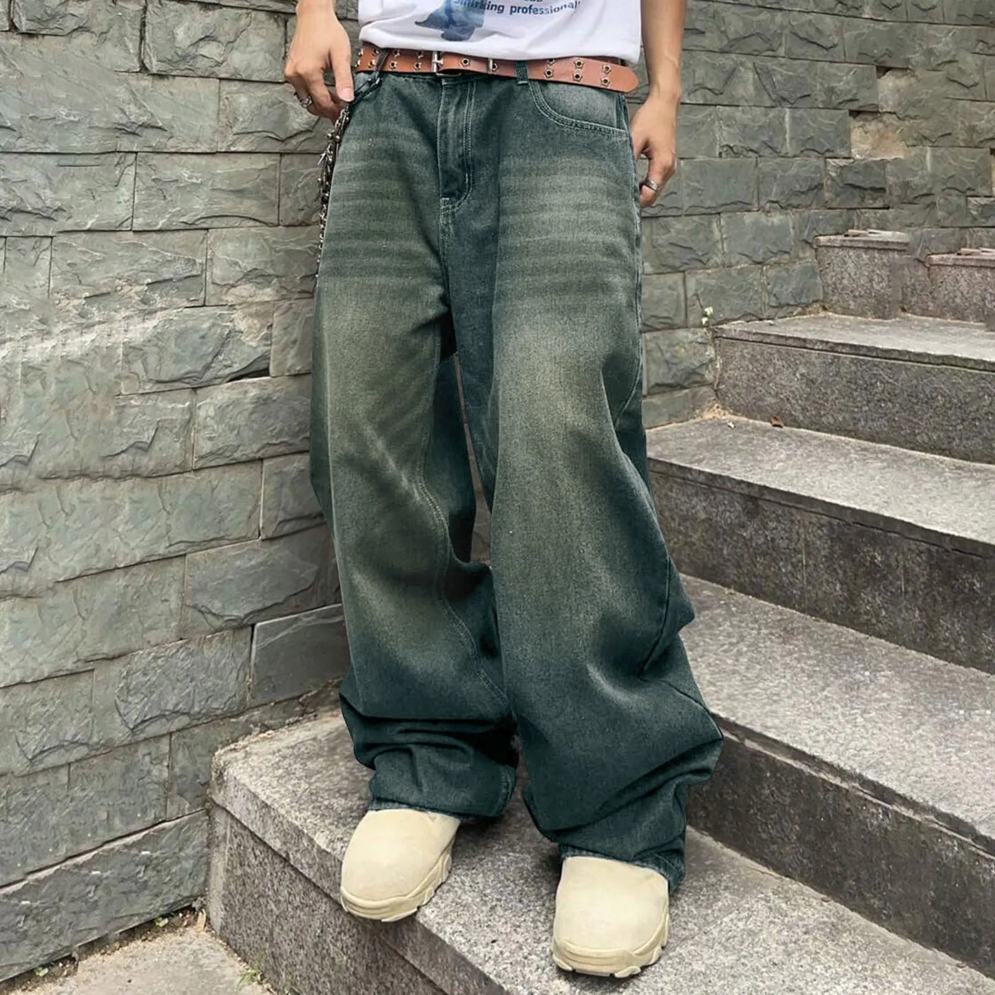 Men's Baggy Hip Hop Jeans Loose Fit Wide Leg Skater Denim Pants