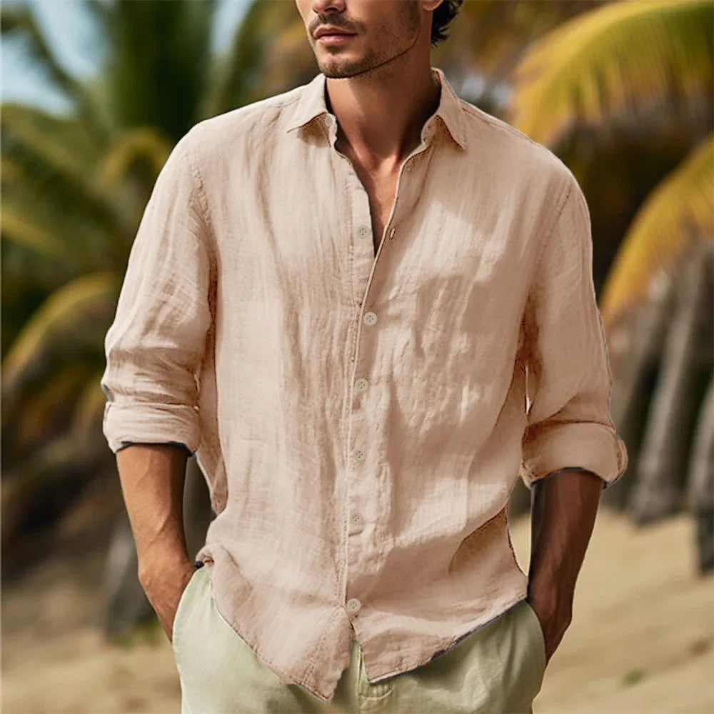 Men's Cotton Linen Shirts Turn Down Collar Solid Hawaiian Shirt