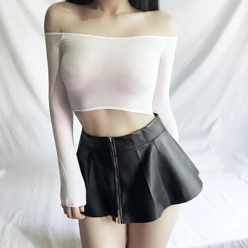 PU Leather Pleated Women Sexy Super Mini Skirts High Waist