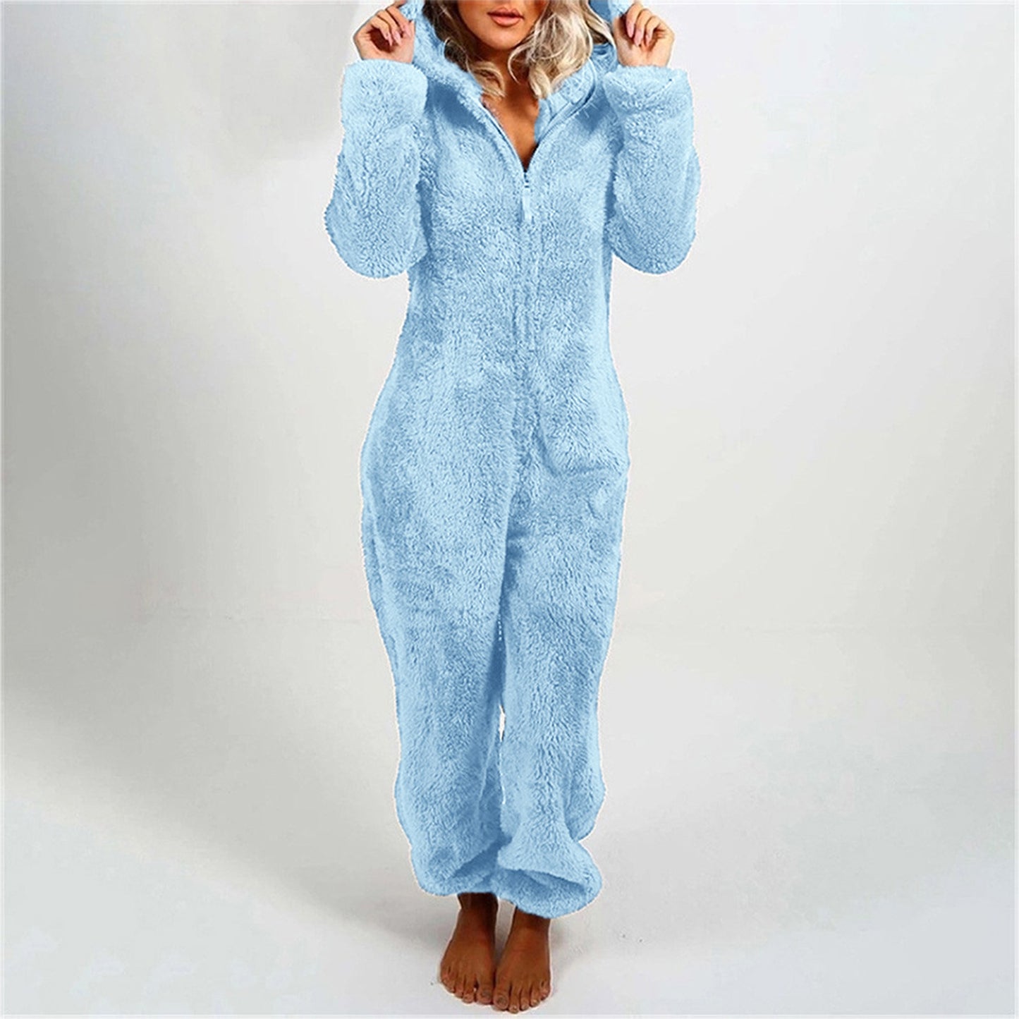 Cute Cat Ears Women Onesie Pajamas Warm Thick Plush