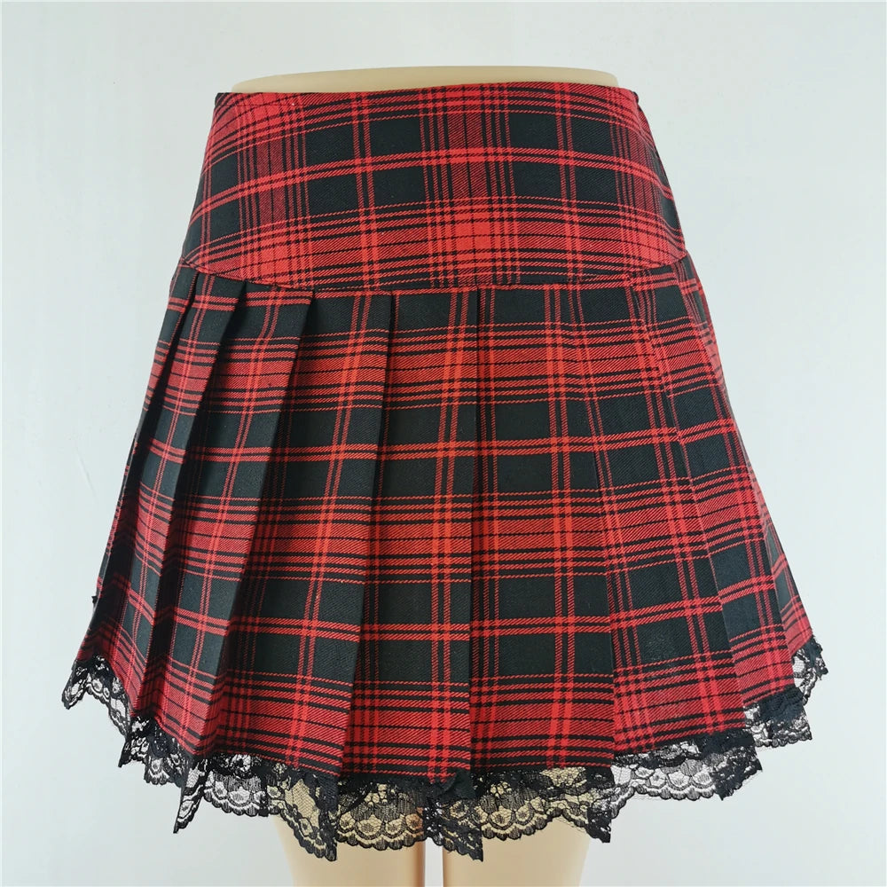 Plaid Skirts New Contrast Lace Pleated Vintage