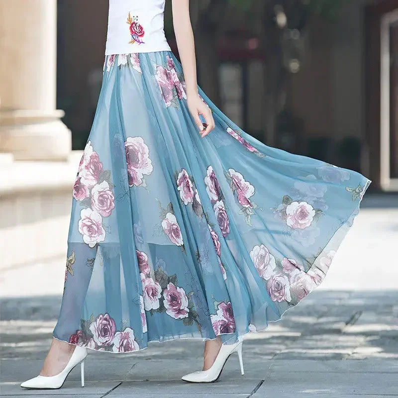 Summer Chiffon Floral Maxi Skirt Women Long High Waist