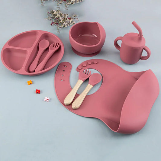 8PCS/Set BPA Free Silicone Baby Feeding Set Sucker Bowl Dishes Plate Straw Cup Spoon Forks Baby Bib