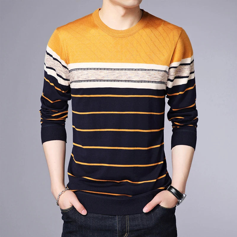 Men's Casual Striped Knit Spring and Autumn Long Sleeved Pullover Fashion