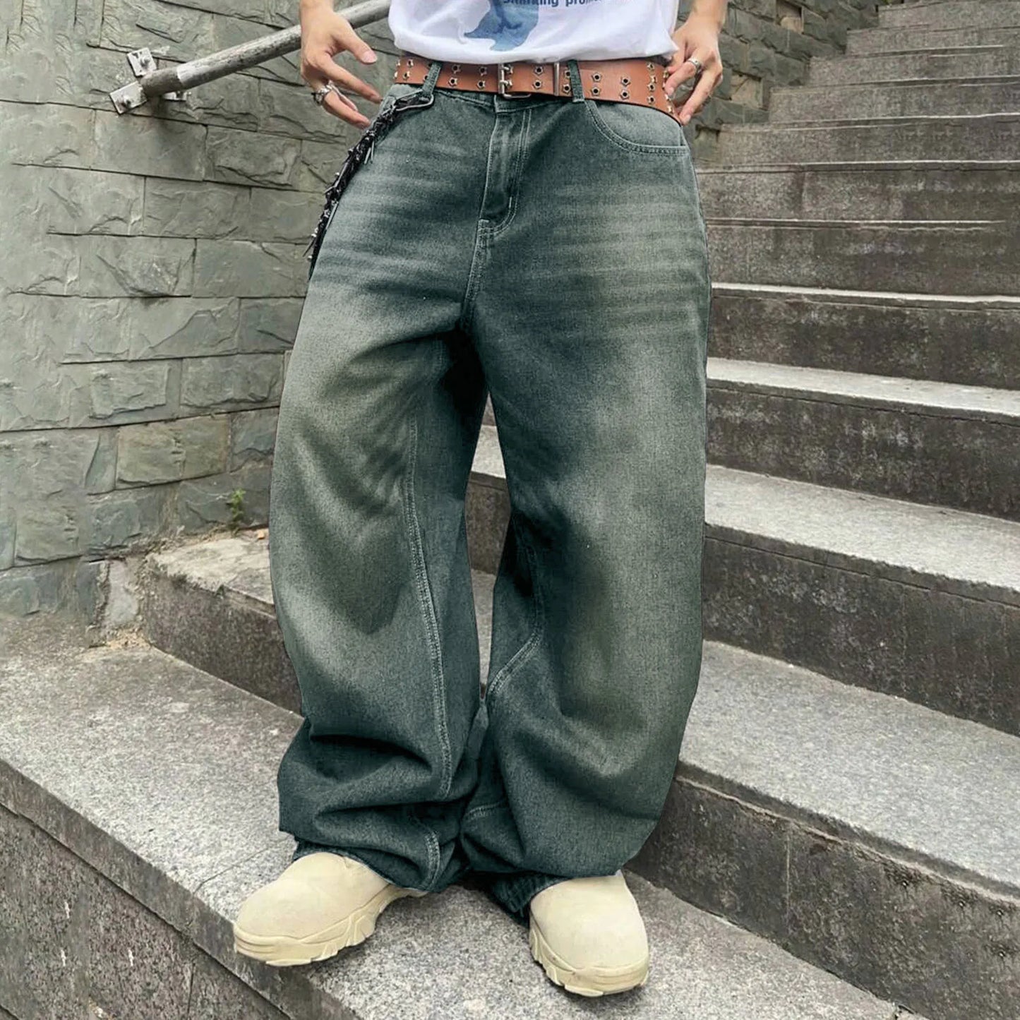 Men's Baggy Hip Hop Jeans Loose Fit Wide Leg Skater Denim Pants