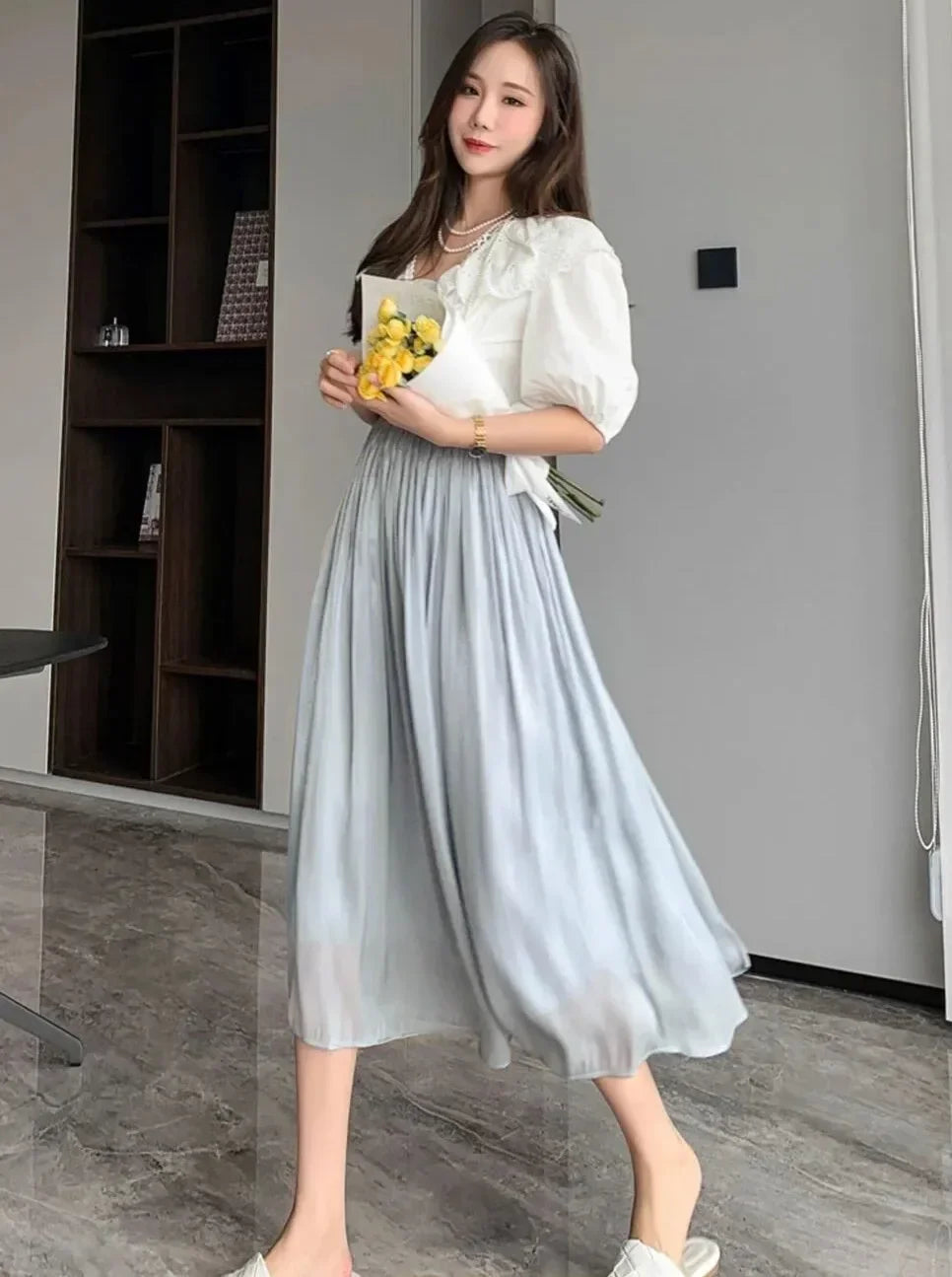 Summer Women's Long Skirt Elastic Waist Elegant A-line Skirts