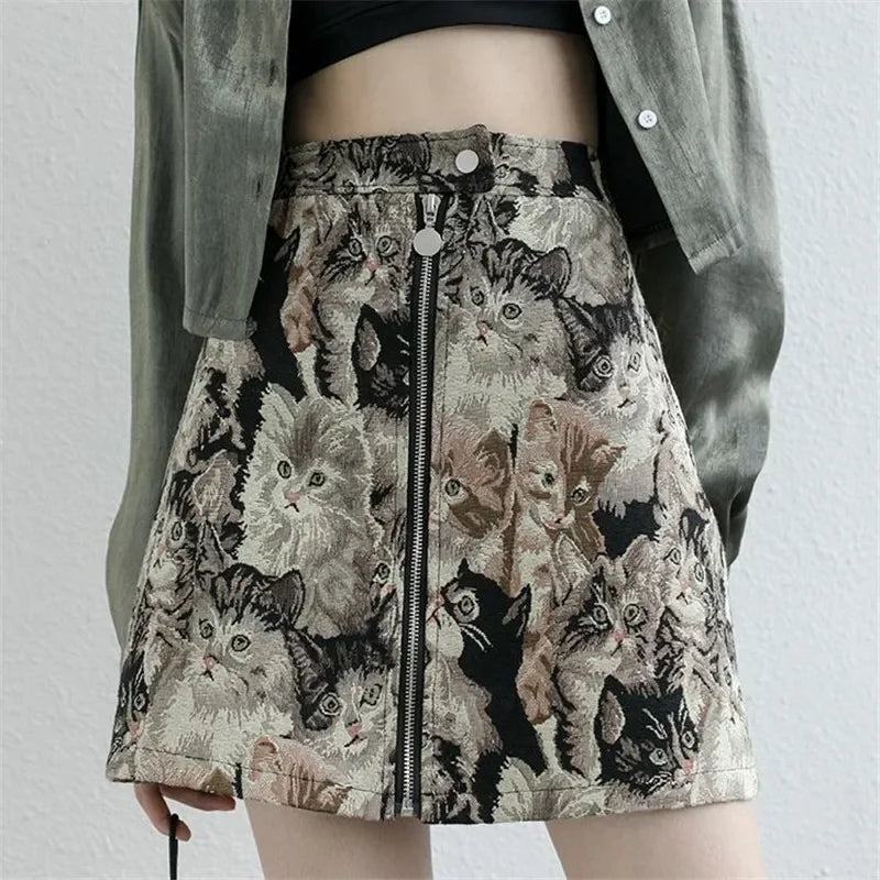 Vintage Autumn Winter Women Skirt Sweet Cat Print