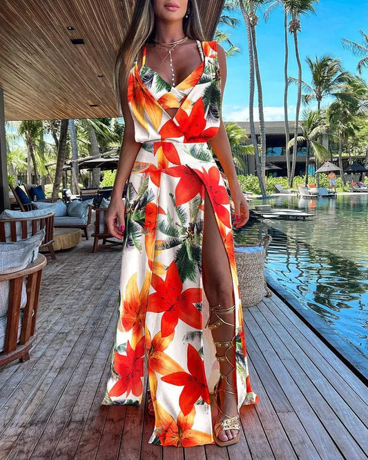 2023 Popular Summer Sleeveless V-neck Printed Hem Slit Dress