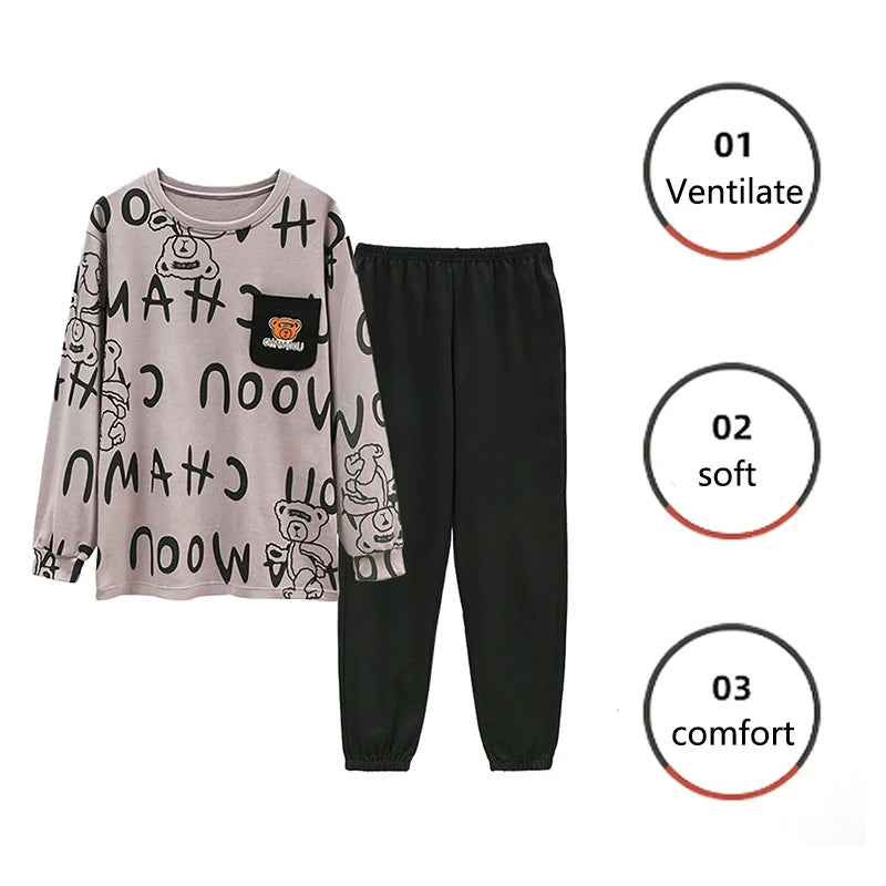 Men Pajamas Autumn Winter Long-Sleeved Loose Leisure Cartoon Bear Striped