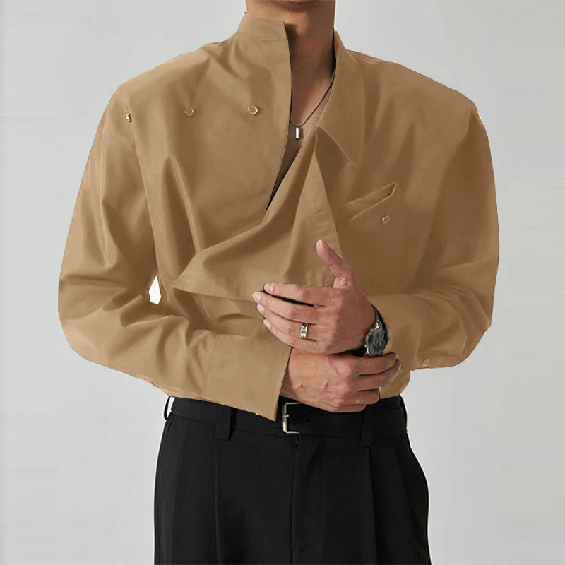 Men's Shirt Solid Color Stand Collar Loose Long Sleeve Casual Men Clothing