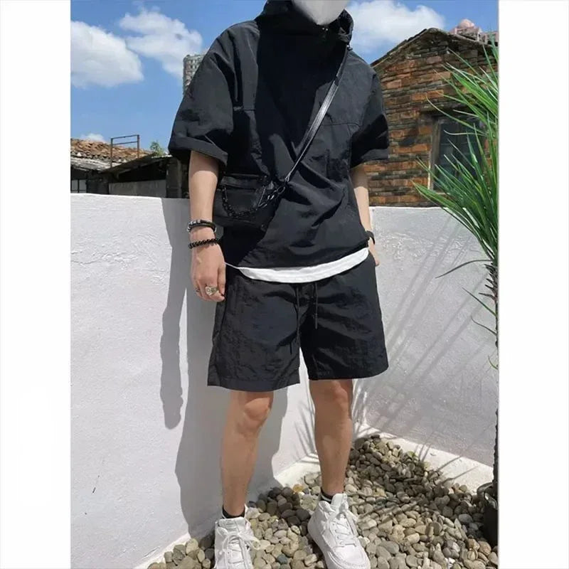 Summer Cargo Style Set Men's Casual Hooded Solid Short Sleeve T-shirt