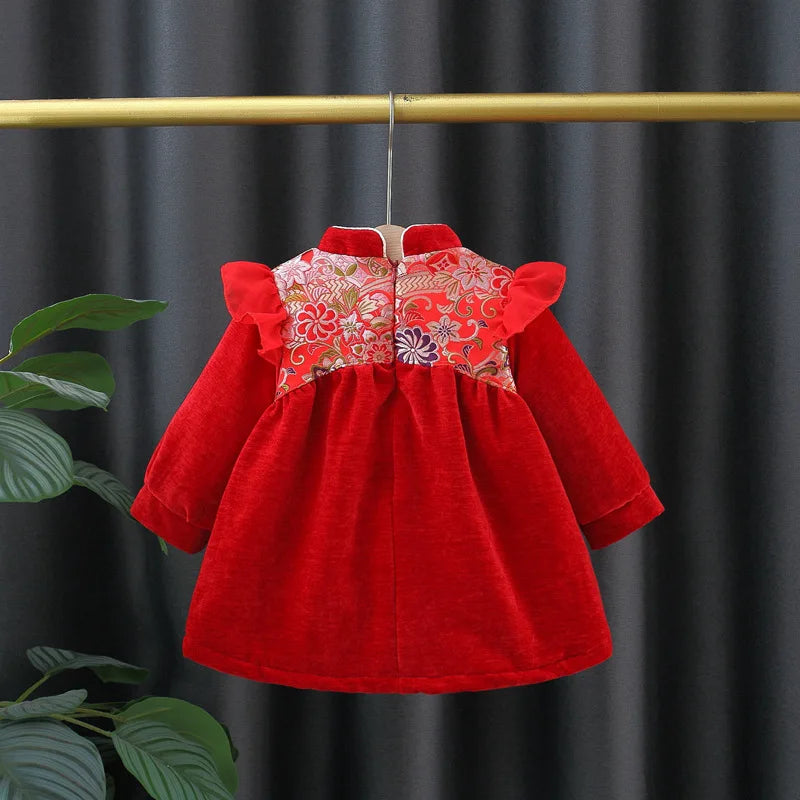 Red Long Sleeved Retro Style Baby Girl Dress, Thick Children'S Clothing