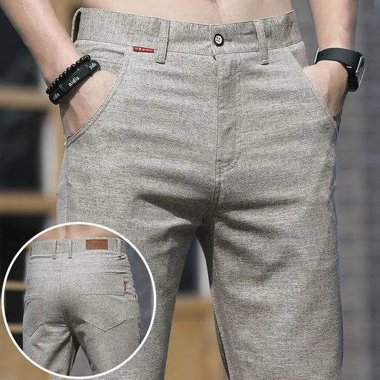 Men Thin Linen Straight Pants Streetwear Fashion Business Casual Pockets Slim