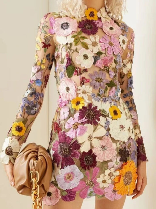 New For spring/Summer fashion Half High Collar Long Sleeves 3D Flower Lace Applique Dresses