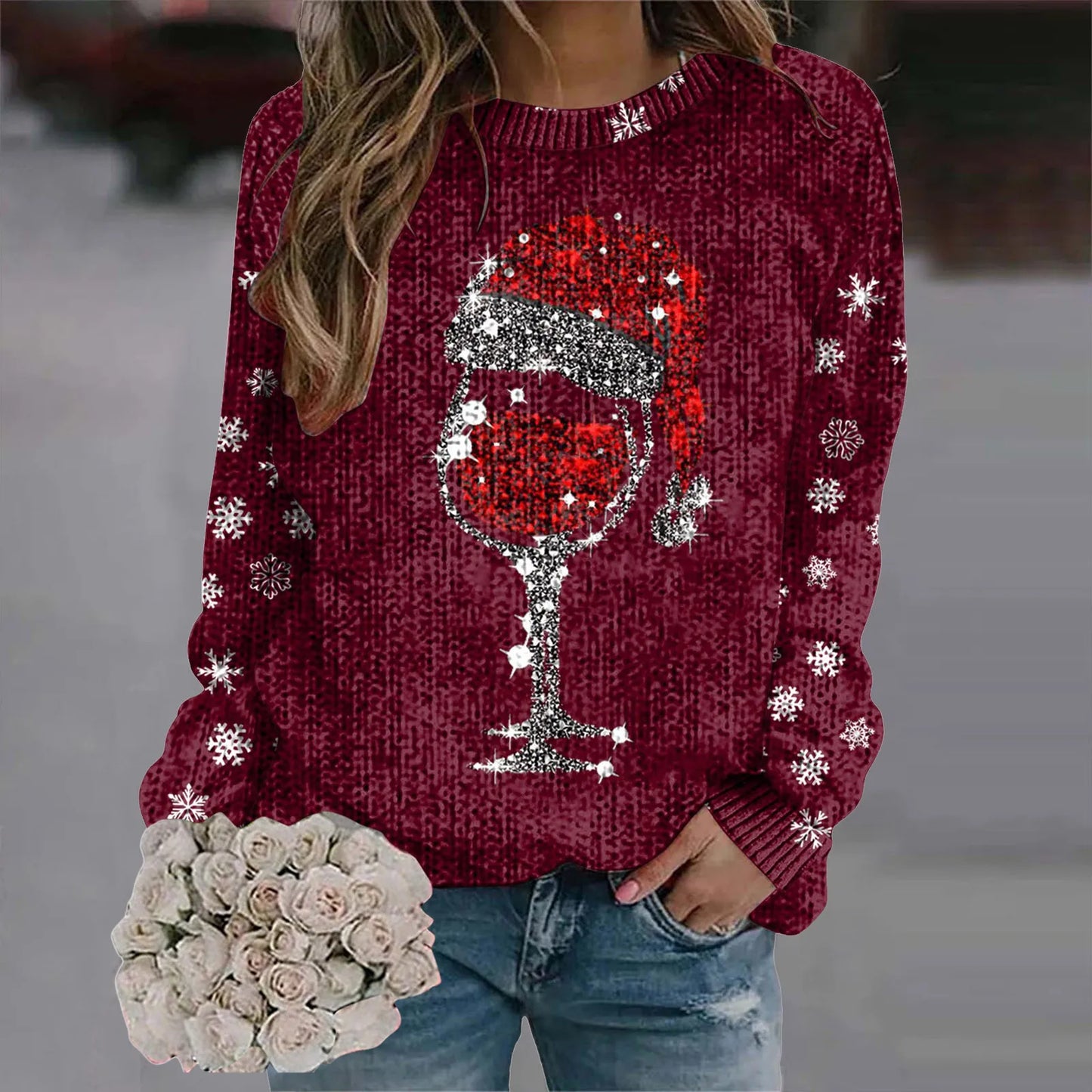 Christmas Print Red Wine Cup Sweaters Women'S Fashion