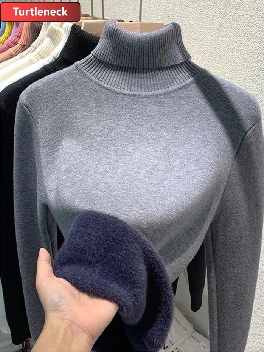 Turtleneck Winter Sweater Women Elegant Thicken Velvet Lined Warm Sueter